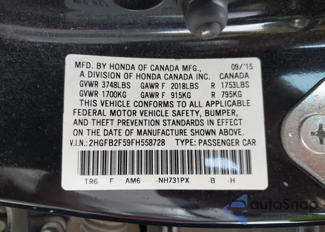 2015 Honda Civic Lx from USA, damaged, VIN 2HGFB2F59FH558728